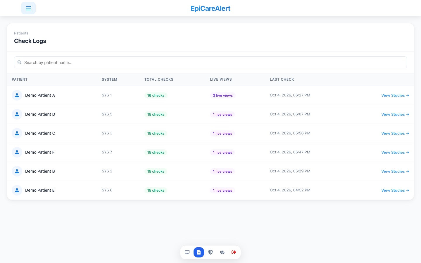 Check logs listing each patient with their number of checks, last check time and system.