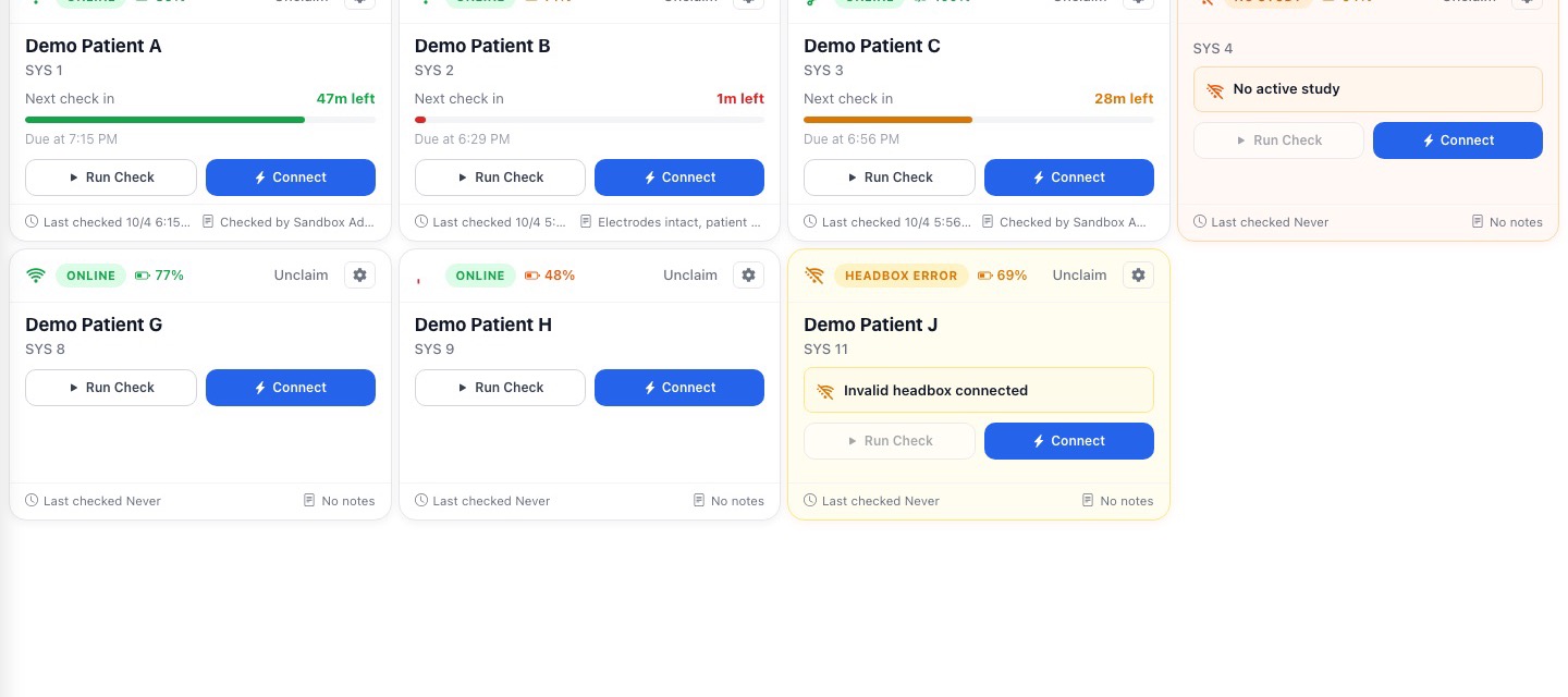 The EpicareAlert dashboard showing seven EEG systems as cards. Each card shows the patient, system name, status, battery, time until the next check, and Run Check and Connect buttons.
